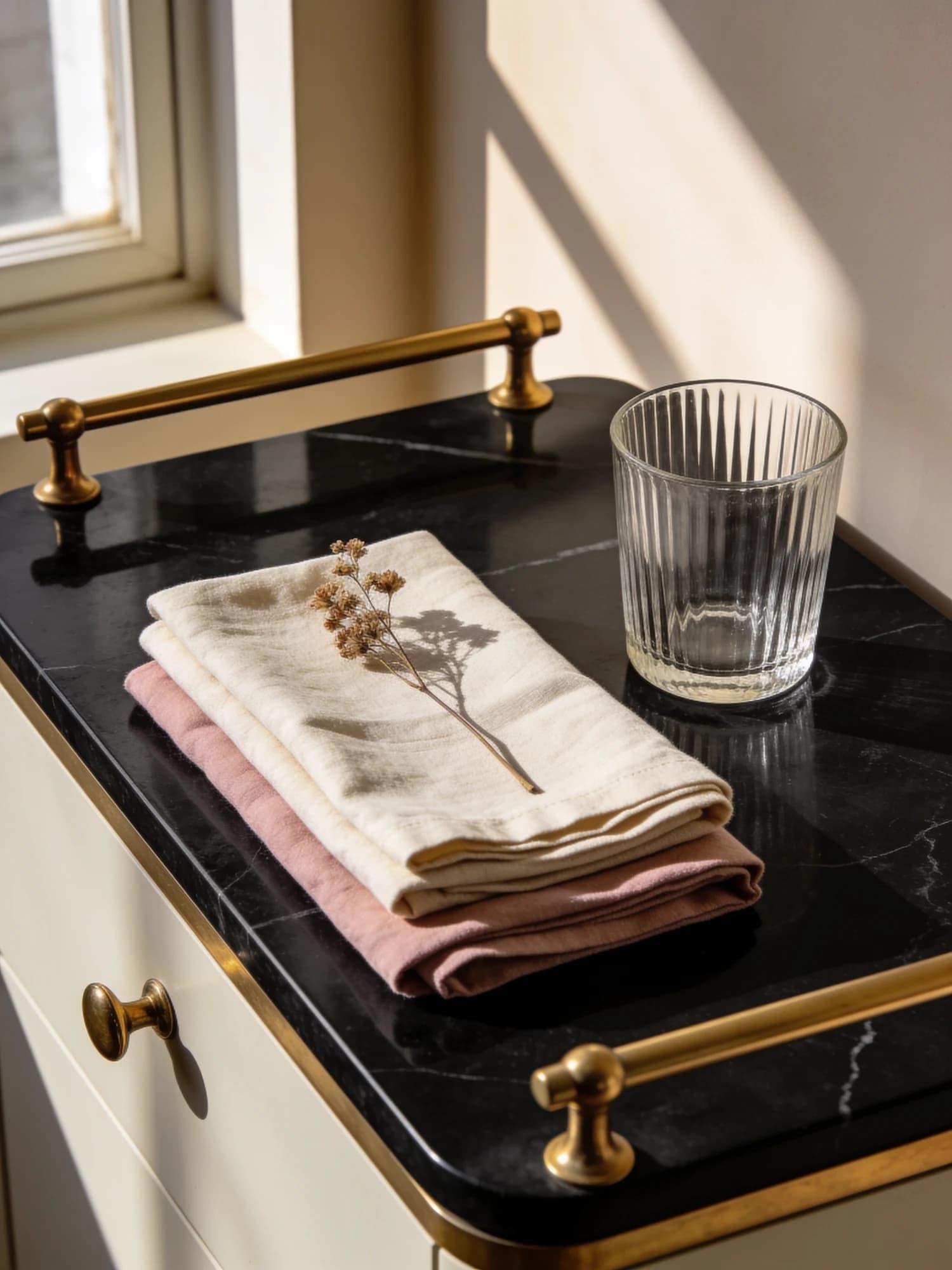 Folded linen napkins and a ribbed glass tumbler on black marble