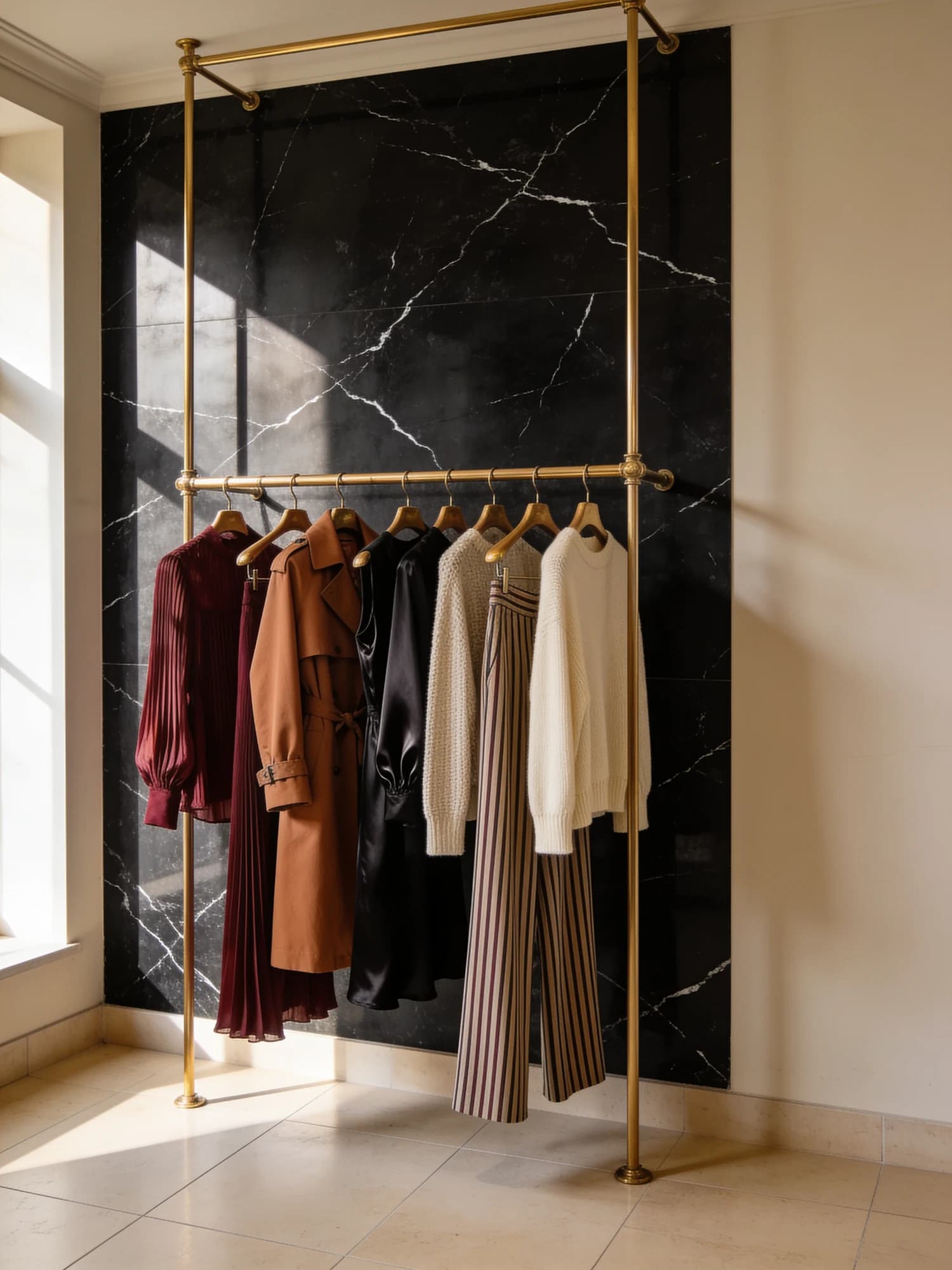 A rail of womenswear against the boutique's black marble wall
